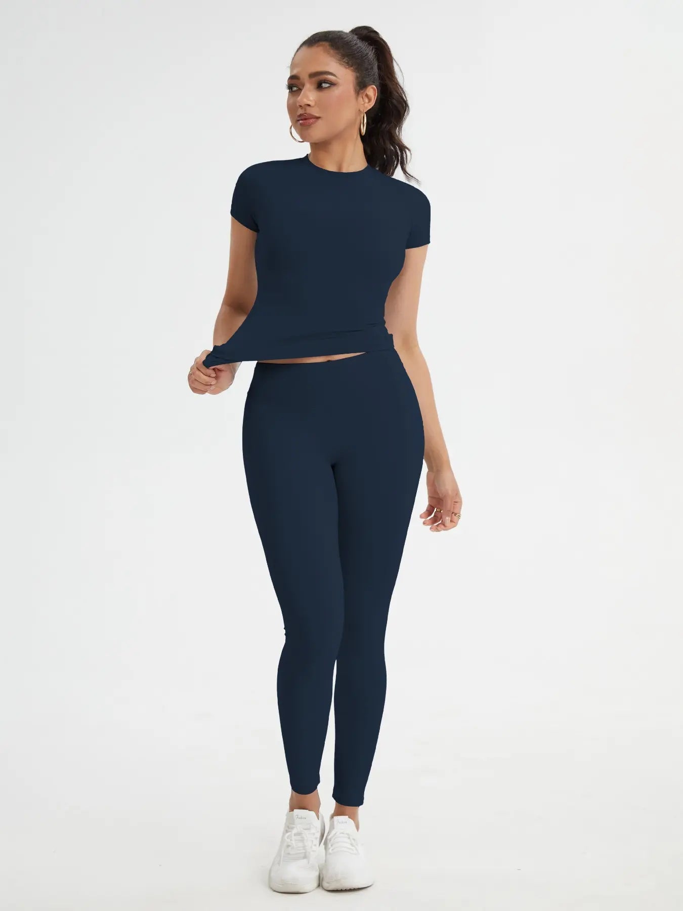 Women'S Sportswear Set, Slim-Fit round Neck Short Sleeves & High-Waisted Yoga Pants, Ideal for Gym Running Outdoor Activities, Stretchy Suit Set, Fitness Outfits, Workout Running Outfits