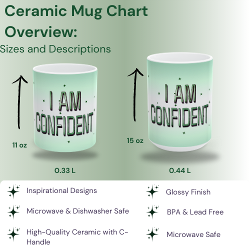 I Am Confident Mug - Sparkly Green Coffee & Tea Cup, Motivational Empowerment Gift for Her, Positive Vibes Self-Love Empowerment Mug