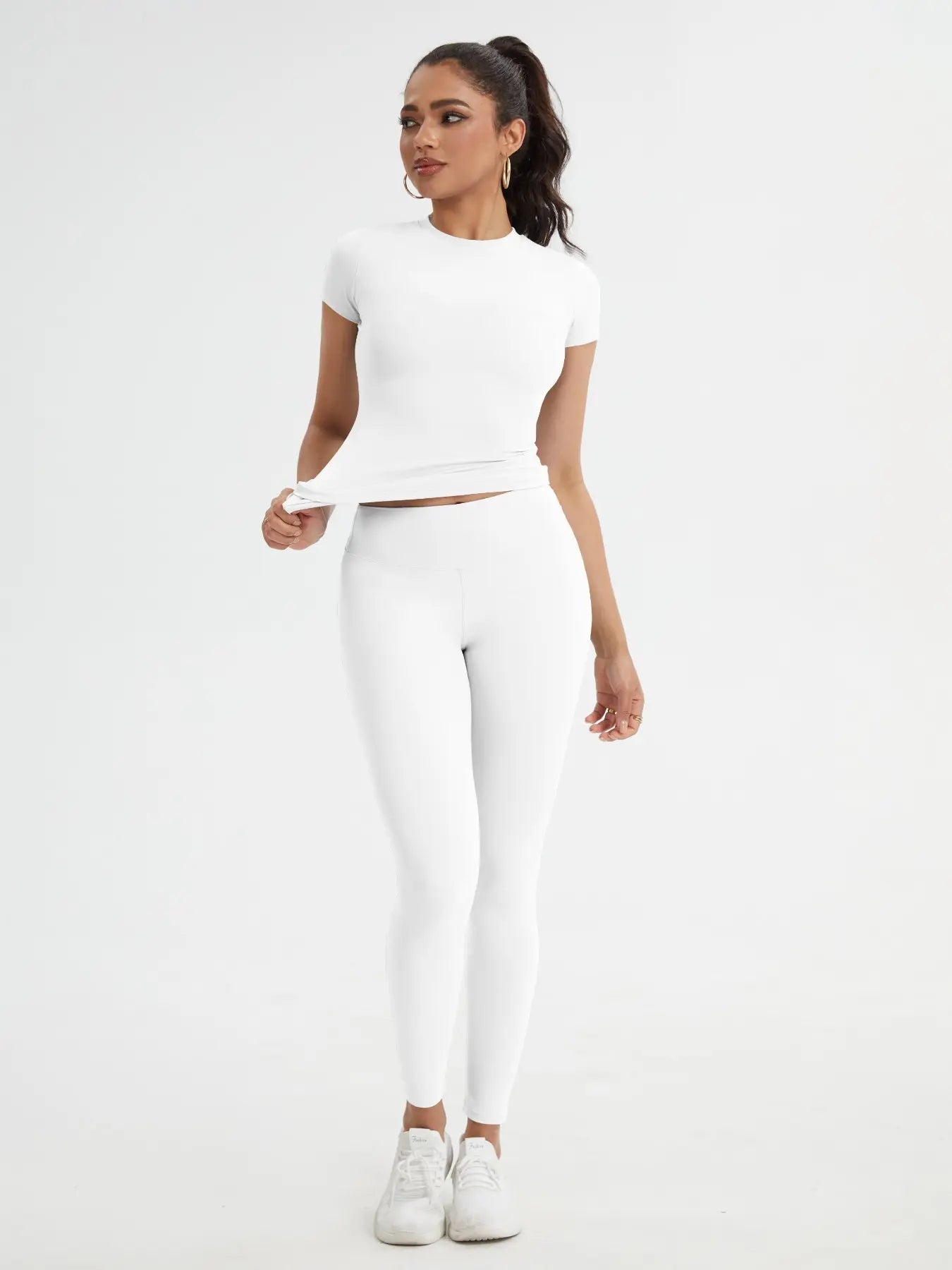 Women'S Sportswear Set, Slim-Fit round Neck Short Sleeves & High-Waisted Yoga Pants, Ideal for Gym Running Outdoor Activities, Stretchy Suit Set, Fitness Outfits, Workout Running Outfits