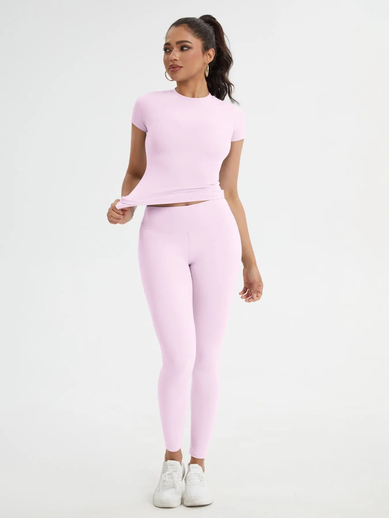 Women'S Sportswear Set, Slim-Fit round Neck Short Sleeves & High-Waisted Yoga Pants, Ideal for Gym Running Outdoor Activities, Stretchy Suit Set, Fitness Outfits, Workout Running Outfits