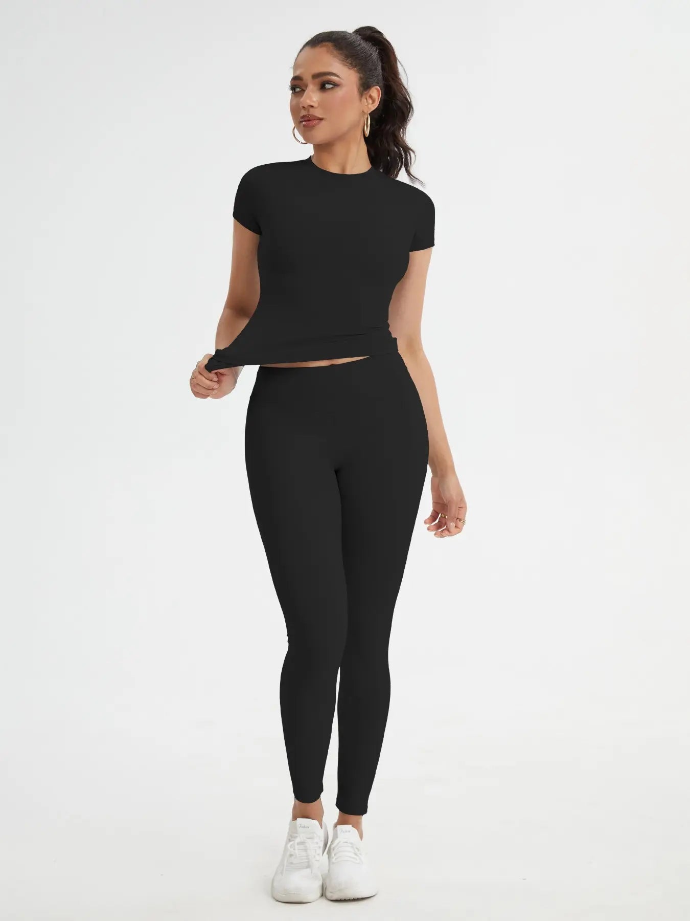 Women'S Sportswear Set, Slim-Fit round Neck Short Sleeves & High-Waisted Yoga Pants, Ideal for Gym Running Outdoor Activities, Stretchy Suit Set, Fitness Outfits, Workout Running Outfits