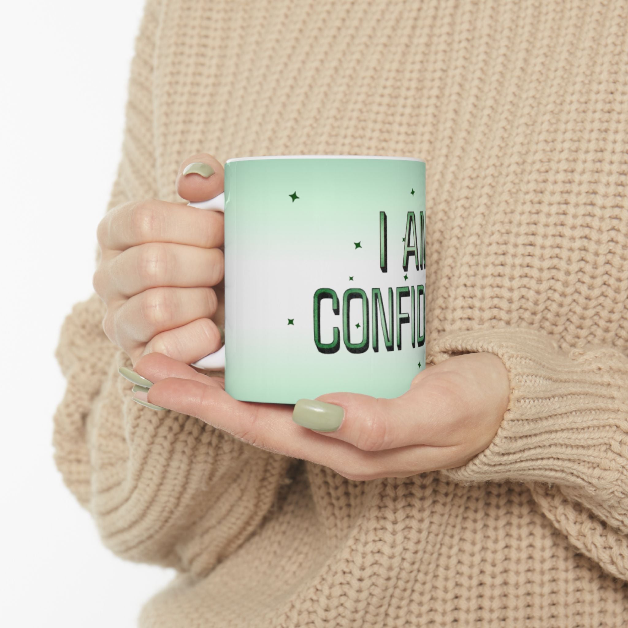 I Am Confident Mug - Sparkly Green Coffee & Tea Cup, Motivational Empowerment Gift for Her, Positive Vibes Self-Love Empowerment Mug