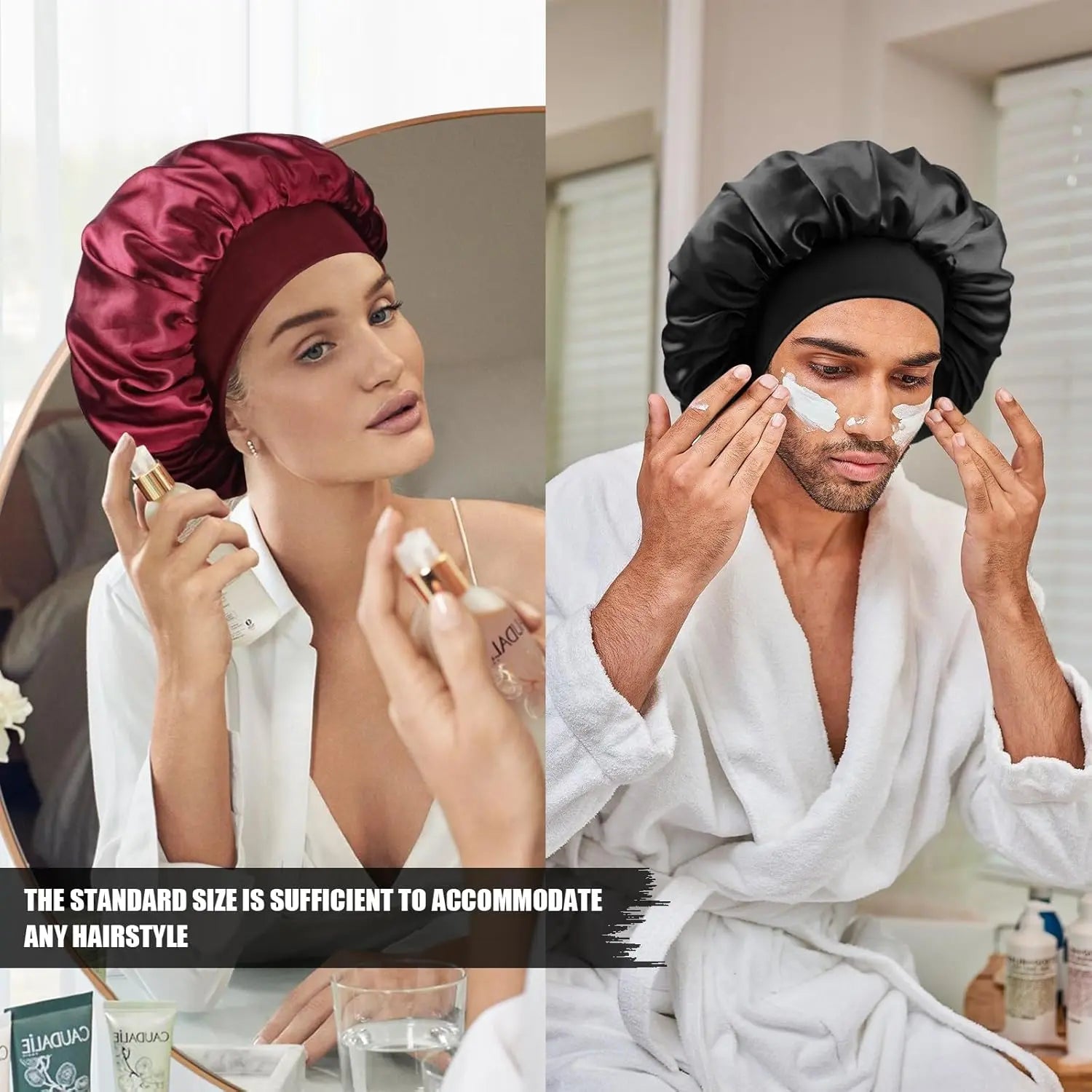 Men Women Satin Sleep Cap, Soft Polyester Fabric Hat, Adjustable Satin Bonnet, Ideal for Natural Hair & Curly Styles ( Wine )