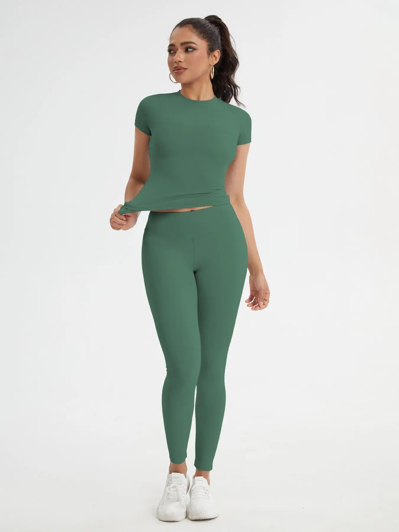 Women'S Sportswear Set, Slim-Fit round Neck Short Sleeves & High-Waisted Yoga Pants, Ideal for Gym Running Outdoor Activities, Stretchy Suit Set, Fitness Outfits, Workout Running Outfits
