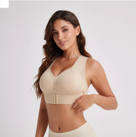 【Postural Correction】Women’S Beige Wireless Bra, Soft Breathable Non-Removable Moulded Cups, Yoga Fitness Sportswear for Gym & Daily Training