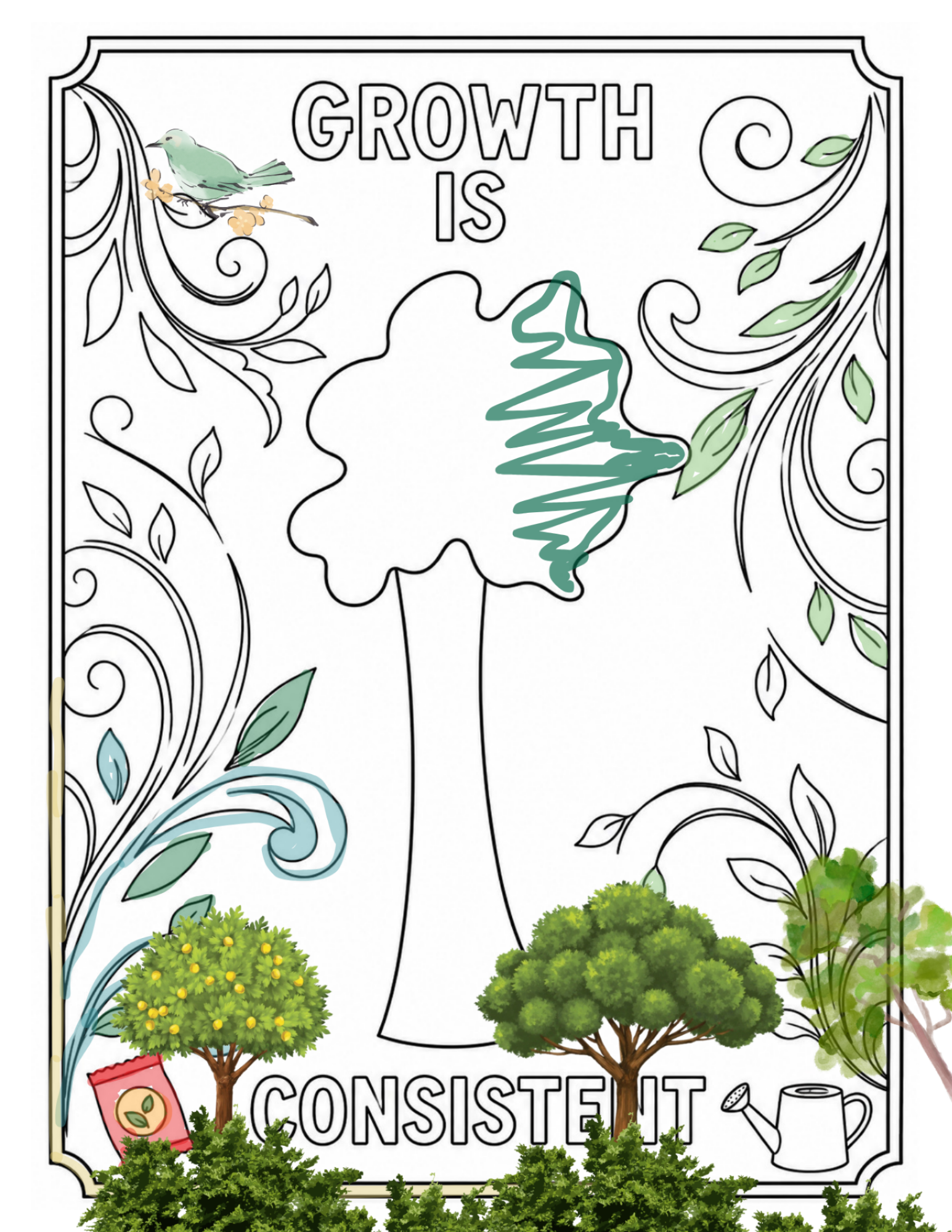 Inspirational Tree Coloring Page with Quote “Growth is Consistent” Printable PDF