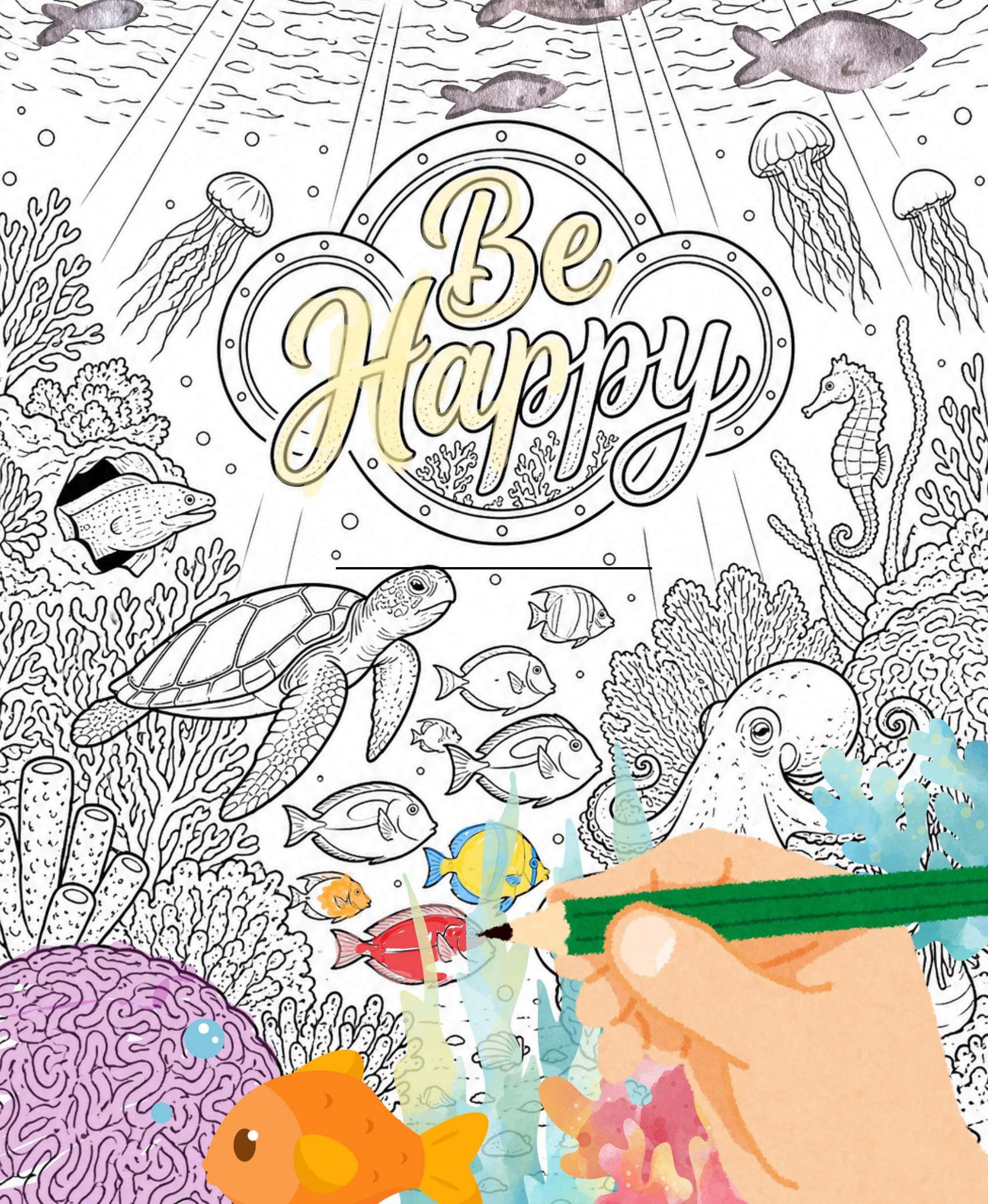 Under the Sea “Be Happy” Quote Coloring Page Printable PDF
