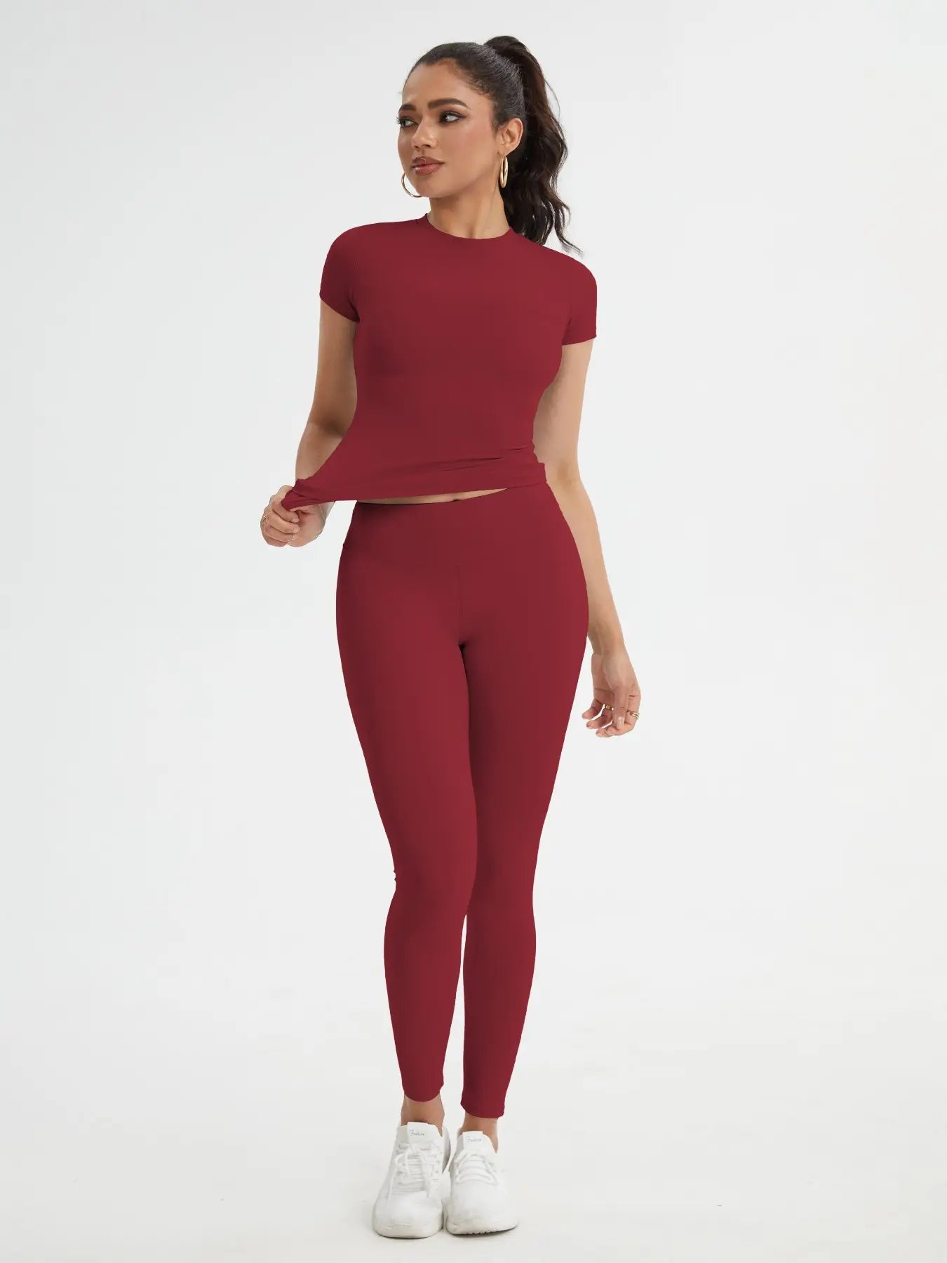 Women'S Sportswear Set, Slim-Fit round Neck Short Sleeves & High-Waisted Yoga Pants, Ideal for Gym Running Outdoor Activities, Stretchy Suit Set, Fitness Outfits, Workout Running Outfits
