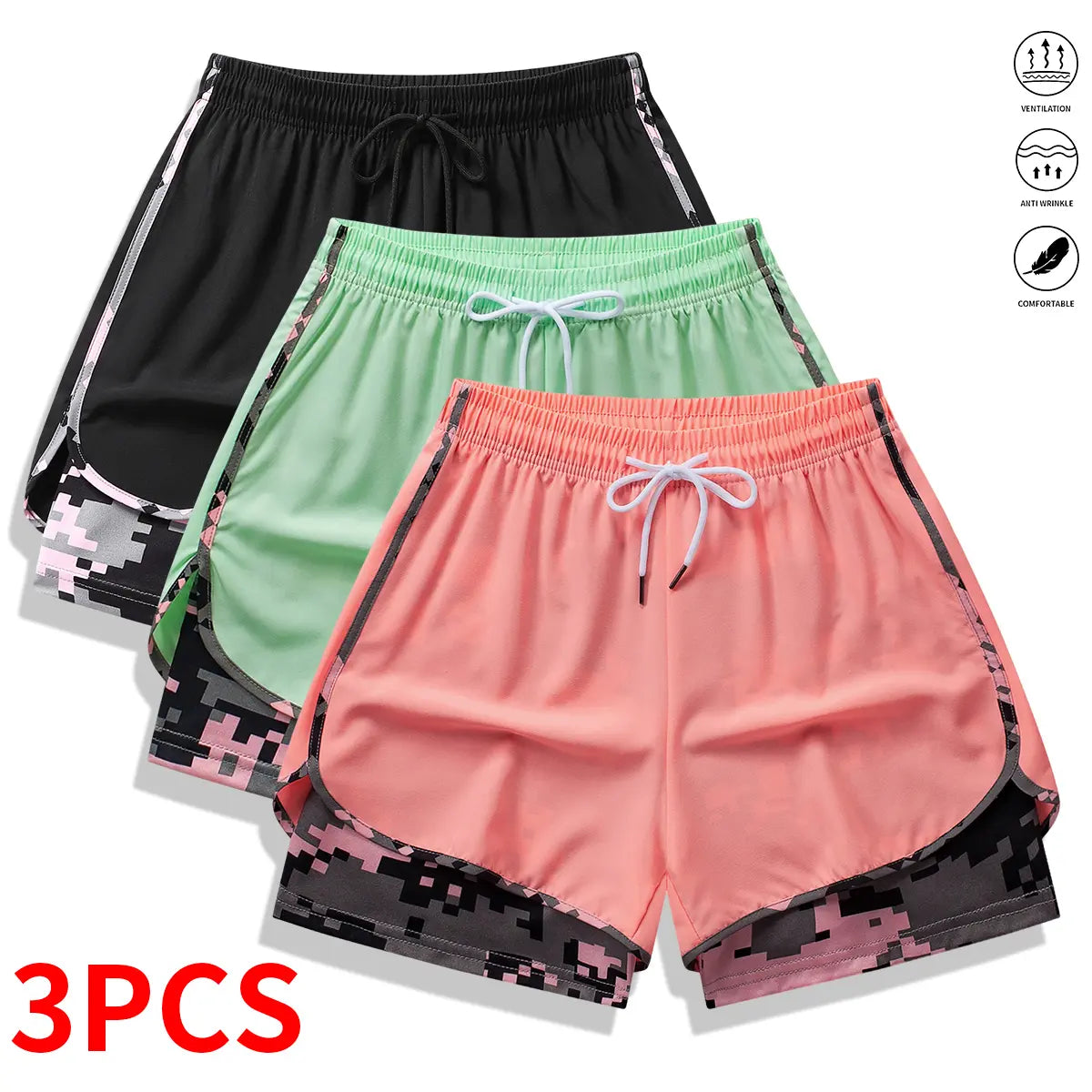 3-Pack Women’S Casual Athletic Shorts with Built-In Liner, Drawstring, Elastic Waistband—Suitable for Outdoor Sports, Fitness, Running, and Casual Wear; Women’S Shorts, Athletic Shorts, Womenswear,Summervibes