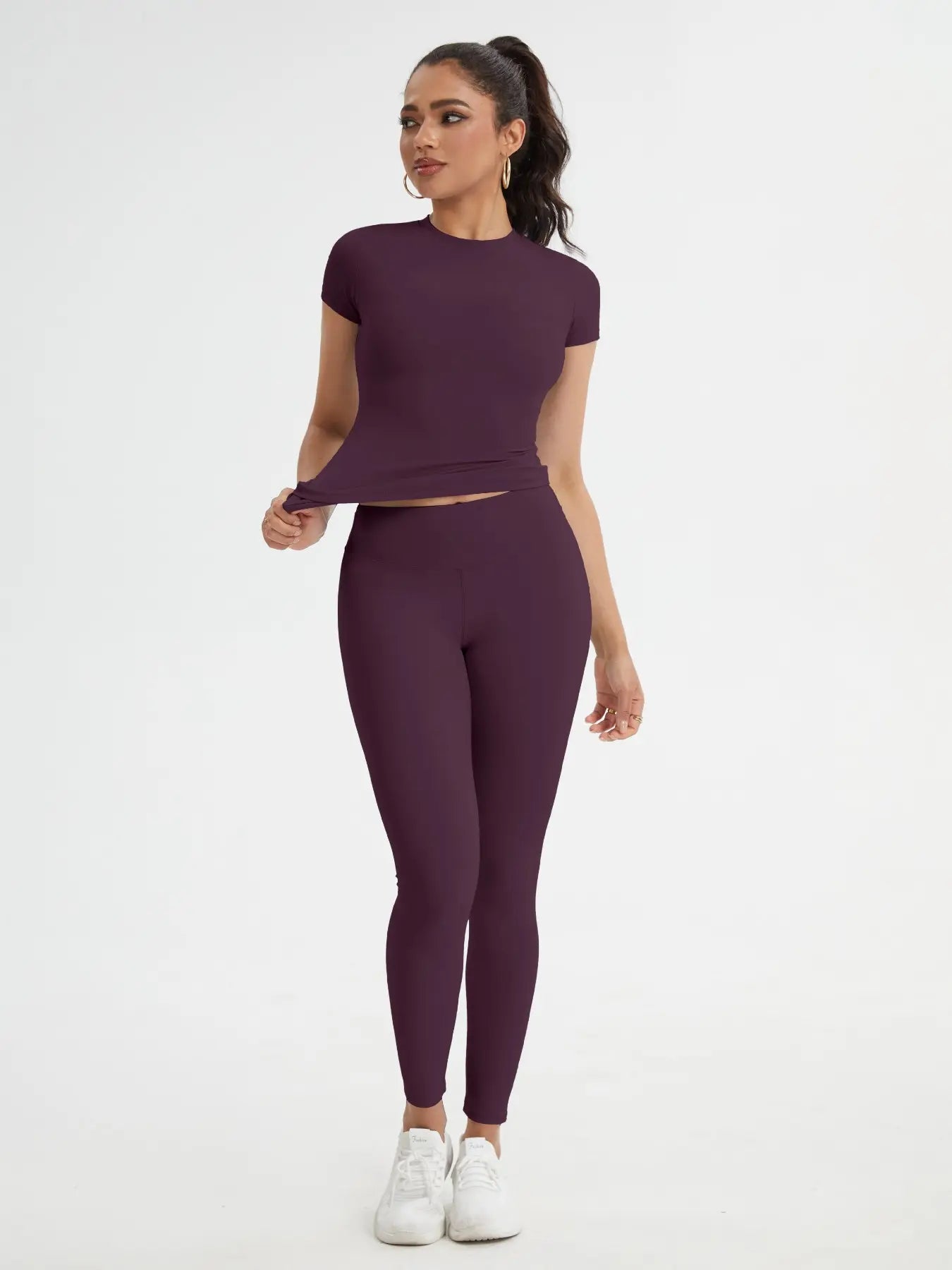 Women'S Sportswear Set, Slim-Fit round Neck Short Sleeves & High-Waisted Yoga Pants, Ideal for Gym Running Outdoor Activities, Stretchy Suit Set, Fitness Outfits, Workout Running Outfits
